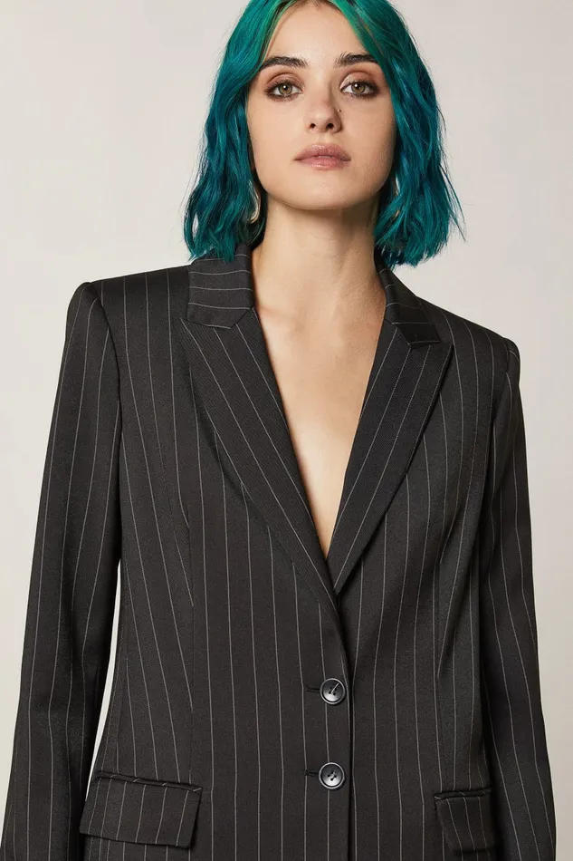 Patrizia Pepe Pinstripe Two Button Viscose Blazer Blackandbeige Stripes Apparel Blazers