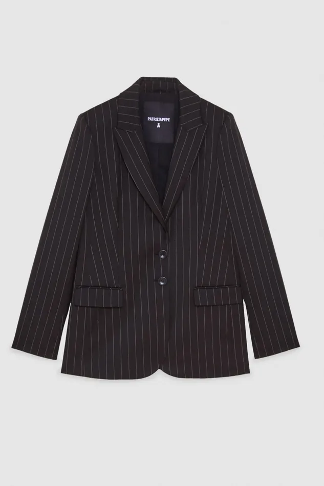 Patrizia Pepe Pinstripe Two Button Viscose Blazer Blackandbeige Stripes Apparel Blazers