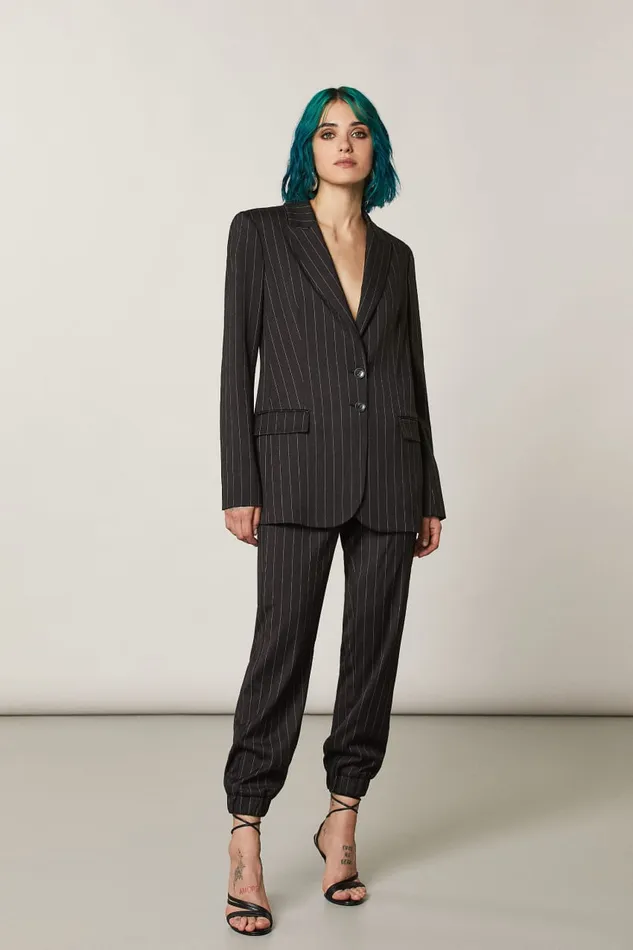 Patrizia Pepe Pinstripe Two Button Viscose Blazer Blackandbeige Stripes Apparel Blazers