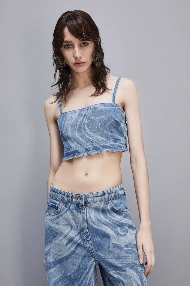 Patrizia Pepe Printed Denim And Cotton Rhinestone Top Light Blue Tidal Wash Apparel Tops