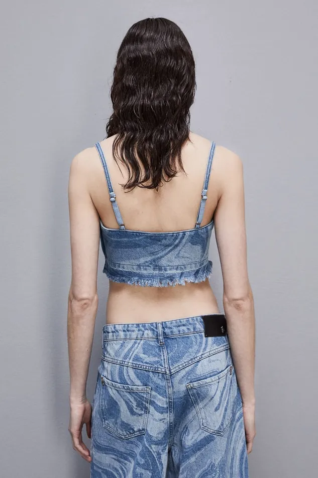 Patrizia Pepe Printed Denim And Cotton Rhinestone Top Light Blue Tidal Wash Apparel Tops