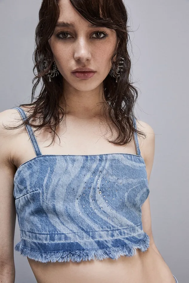 Patrizia Pepe Printed Denim And Cotton Rhinestone Top Light Blue Tidal Wash Apparel Tops