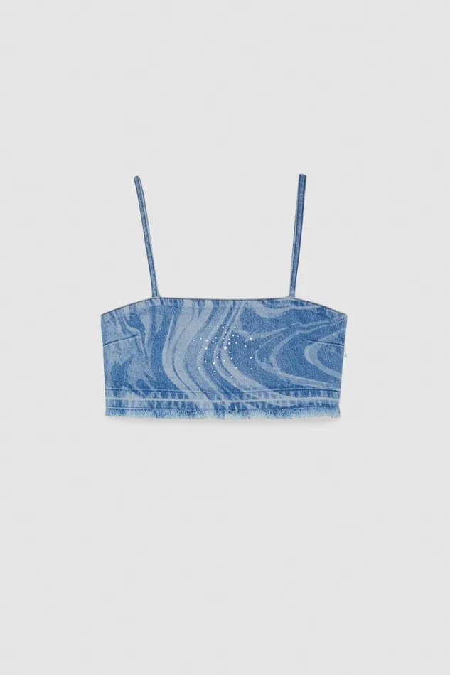 Patrizia Pepe Printed Denim And Cotton Rhinestone Top Light Blue Tidal Wash Apparel Tops