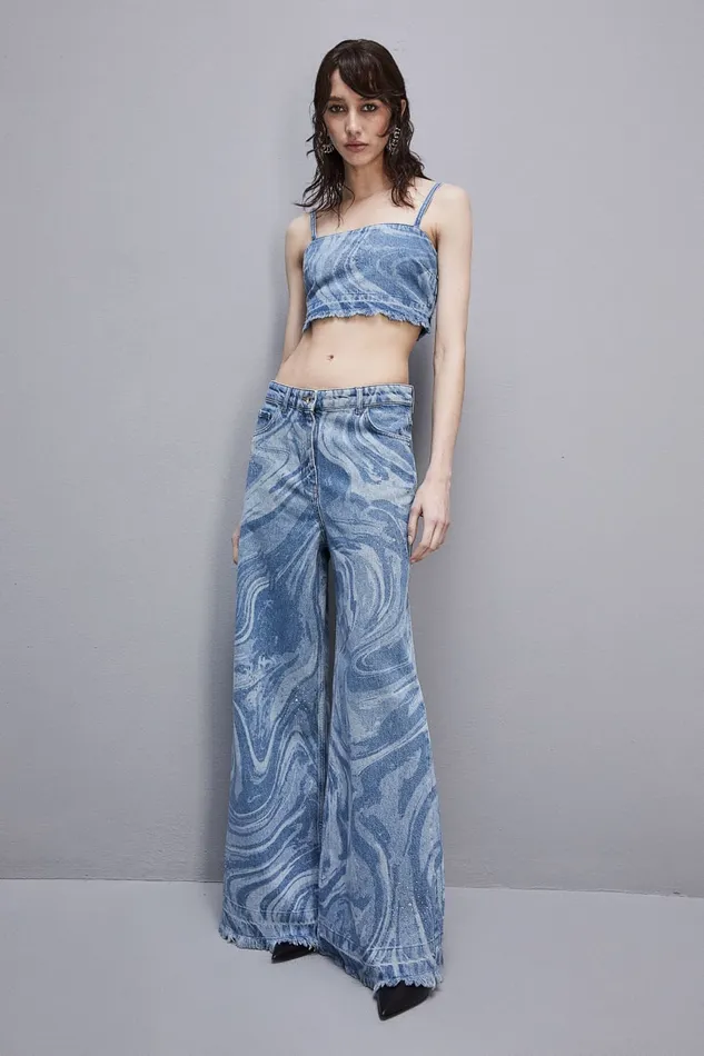 Patrizia Pepe Printed Denim And Cotton Rhinestone Top Light Blue Tidal Wash Apparel Tops