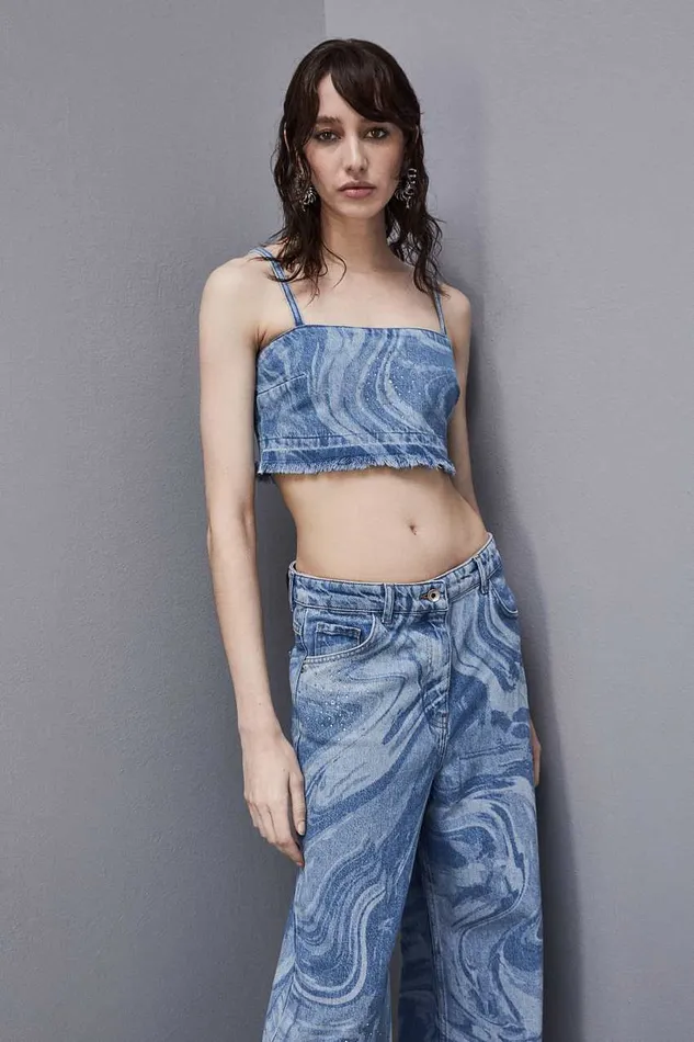 Patrizia Pepe Printed Denim And Cotton Rhinestone Top Light Blue Tidal Wash Apparel Tops