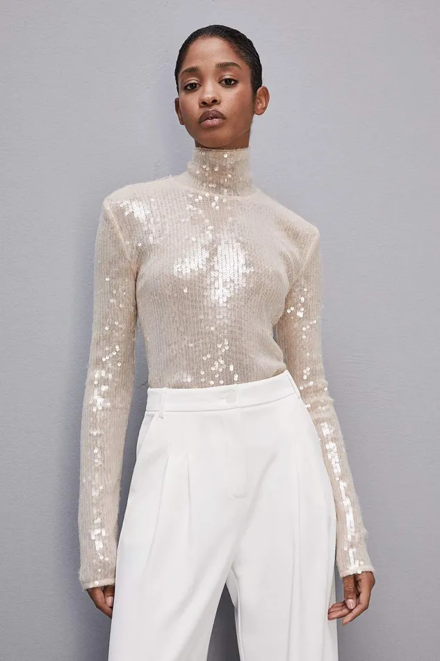 Patrizia Pepe Sequined Body Shirt Beige Ivory Skin Apparel Tops