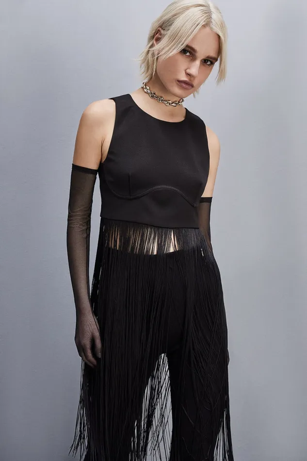 Patrizia Pepe Sleeveless Top With Fringes Black Nero Apparel Tops