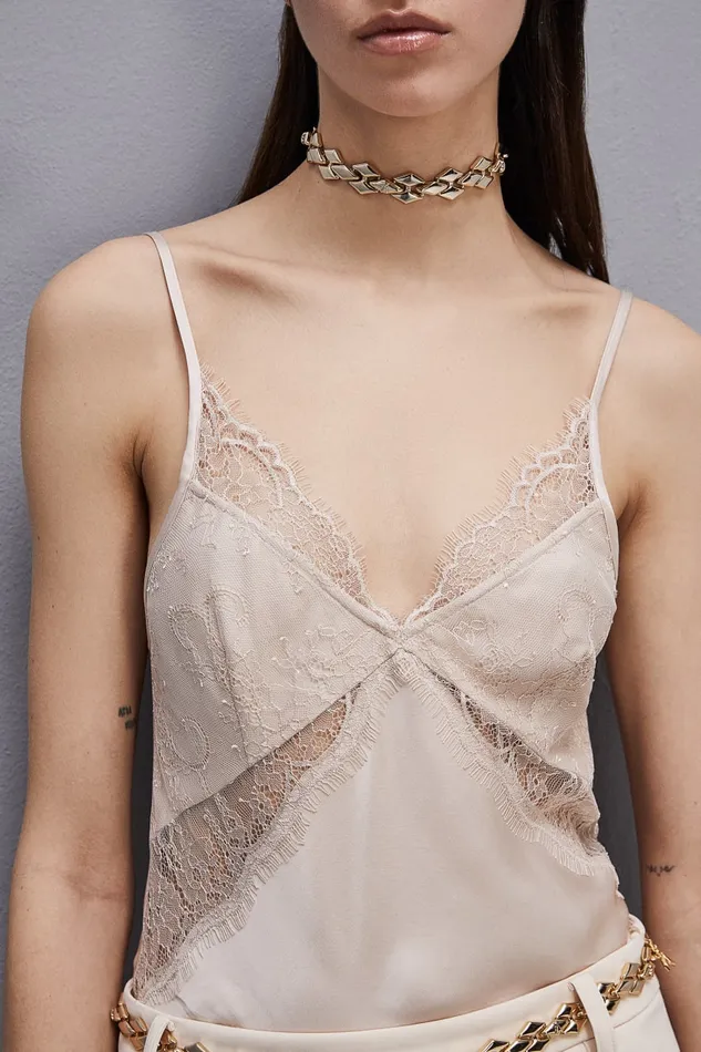 Patrizia Pepe Slim Top In Viscose Satin Beige Ivory Skin Apparel Tops