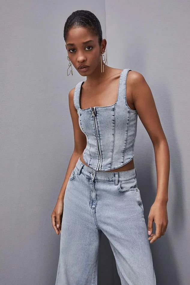 Patrizia Pepe Stretch Denim Top Light Blue Light Bleached Wash Apparel Tops