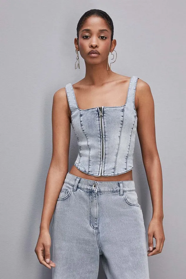 Patrizia Pepe Stretch Denim Top Light Blue Light Bleached Wash Apparel Tops