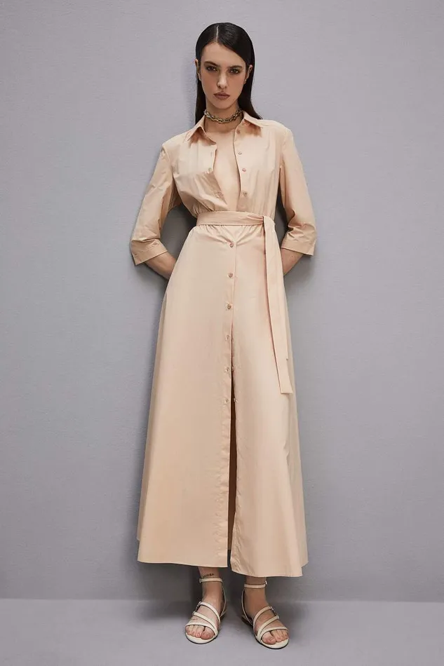 Patrizia Pepe Threequarter Sleeve Cotton Chemisier Dress Beige Biscuit Beige Apparel Long