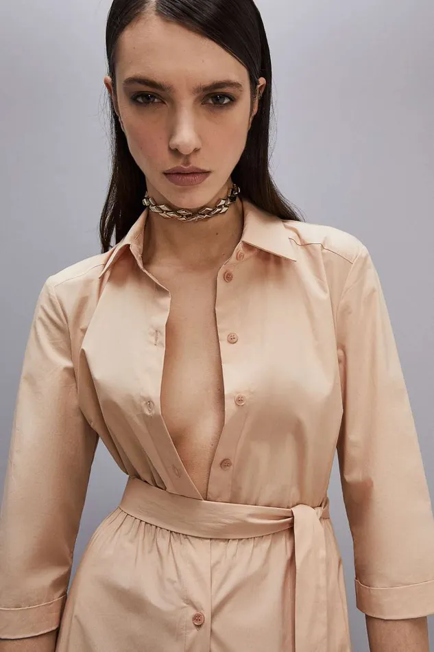 Patrizia Pepe Threequarter Sleeve Cotton Chemisier Dress Beige Biscuit Beige Apparel Long