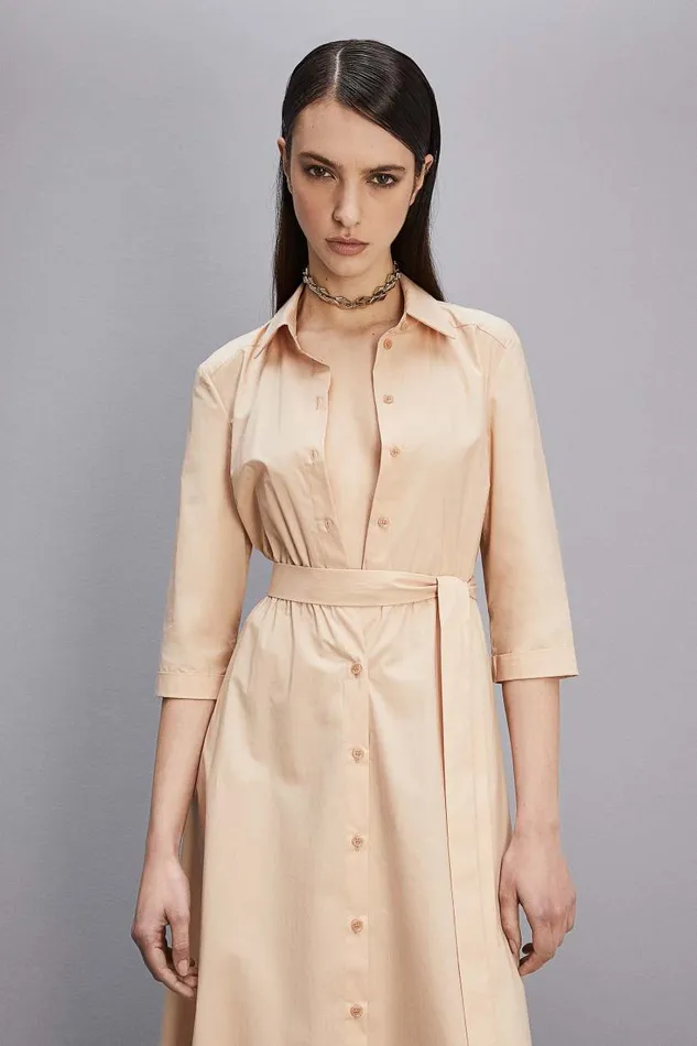 Patrizia Pepe Threequarter Sleeve Cotton Chemisier Dress Beige Biscuit Beige Apparel Long