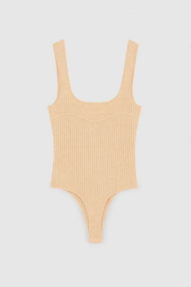 Patrizia Pepe Wool Blend Sleeveless Bodysuit Beige Biscuit Beige Apparel Tops