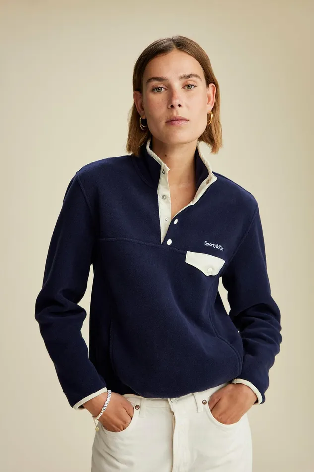 Polar Fleece And Sherpa Women Sporty and Rich Buttoned Polar Sweatshirt 8211 NavyCream