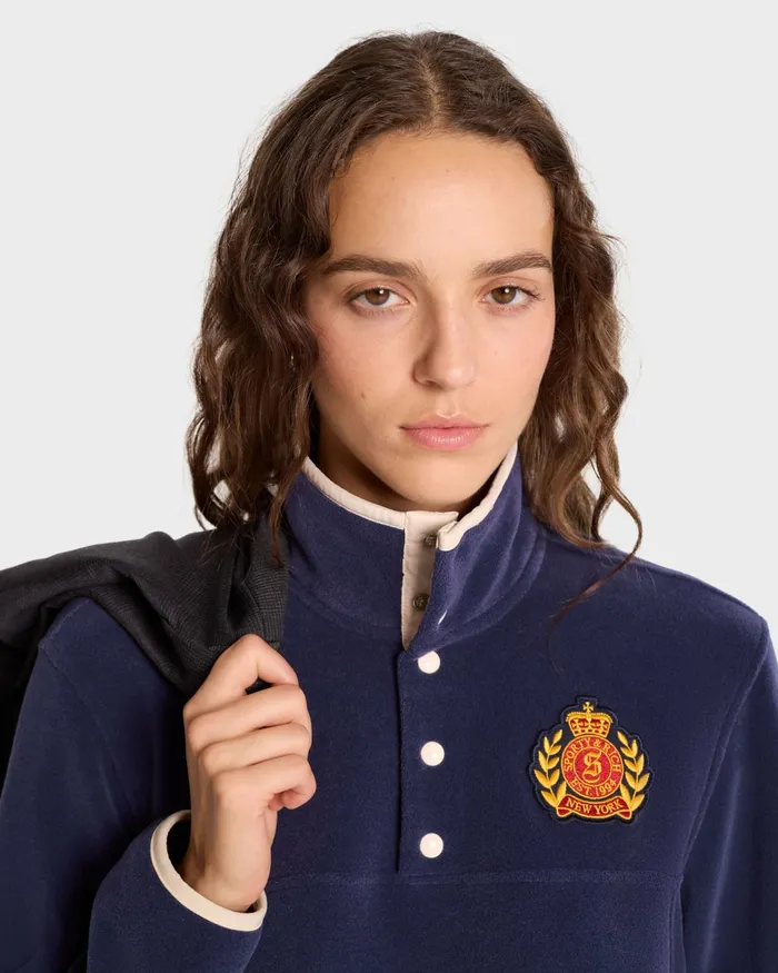 Polar Fleece And Sherpa Women Sporty and Rich NY Crest Polar Sweatshirt 8211 NavyGold