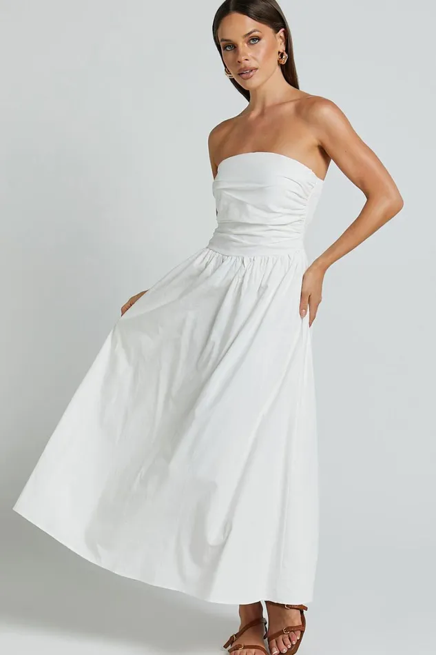Polly Midi Dress 8211 Strapless Ruched Dress In White Women Showpo Dresses