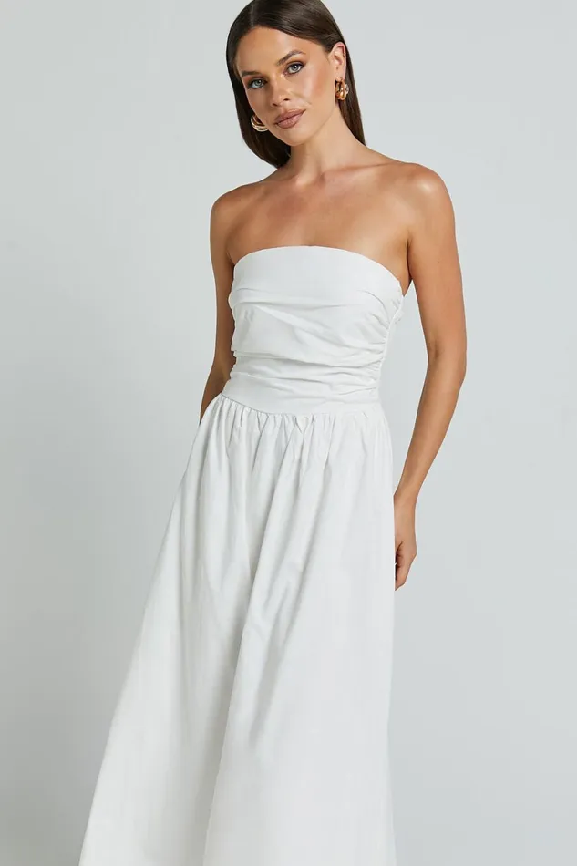 Polly Midi Dress 8211 Strapless Ruched Dress In White Women Showpo Dresses