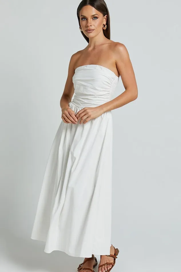 Polly Midi Dress 8211 Strapless Ruched Dress In White Women Showpo Dresses