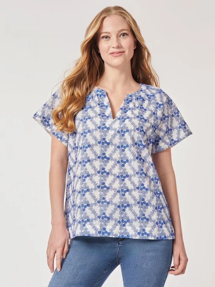 Popover Floral Embroidery Short Sleeve Blouse Women Jones New York Tops and Blouses