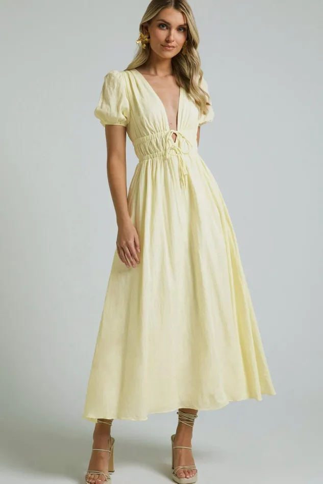 Portofino Midi Dress 8211 V Neck Puff Sleeve Dress In Yellow Women Showpo Dresses