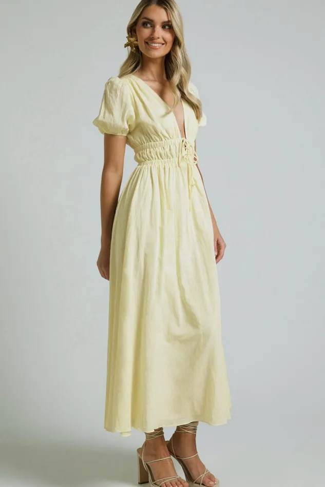 Portofino Midi Dress 8211 V Neck Puff Sleeve Dress In Yellow Women Showpo Dresses