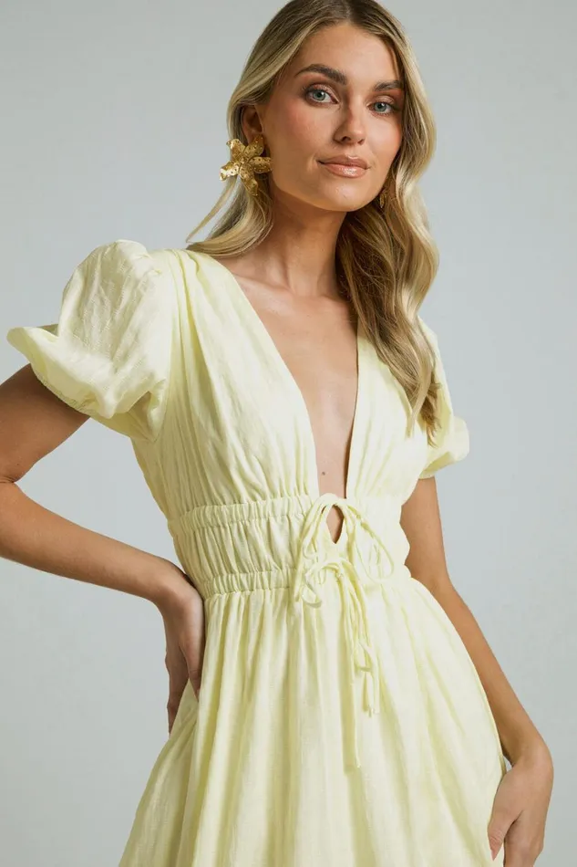 Portofino Midi Dress 8211 V Neck Puff Sleeve Dress In Yellow Women Showpo Dresses