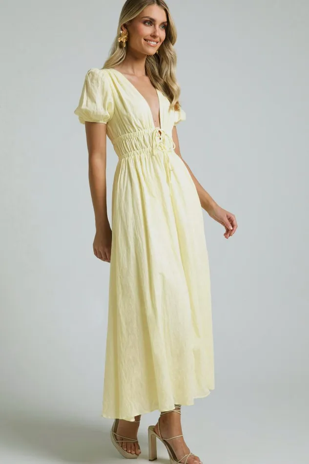 Portofino Midi Dress 8211 V Neck Puff Sleeve Dress In Yellow Women Showpo Dresses