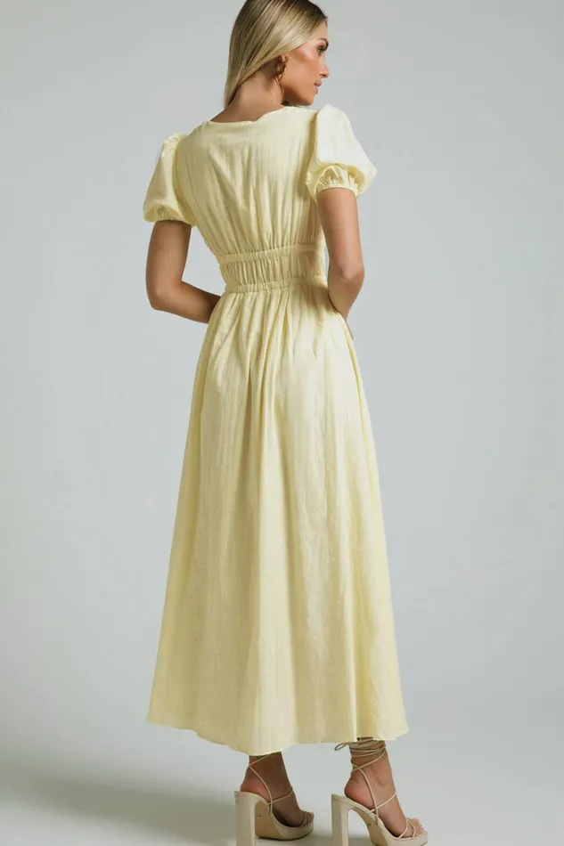 Portofino Midi Dress 8211 V Neck Puff Sleeve Dress In Yellow Women Showpo Dresses