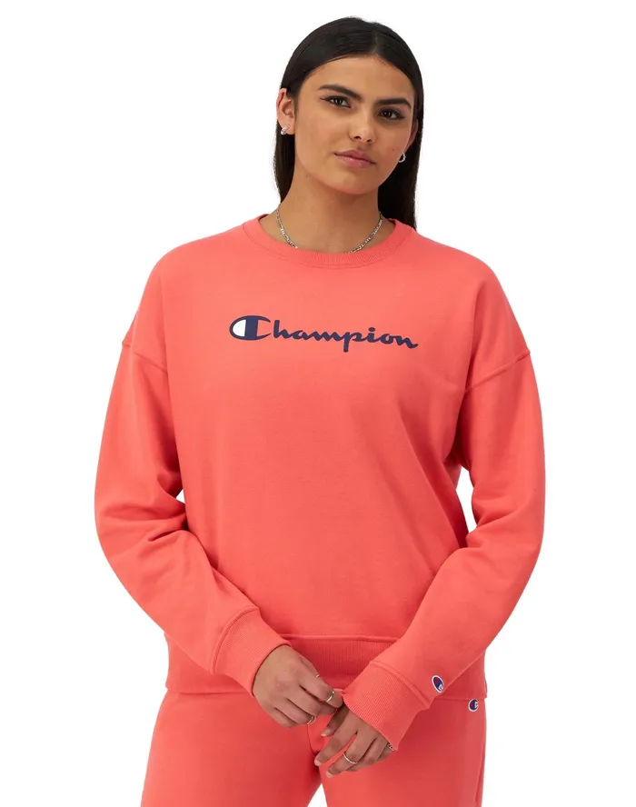 Powerblend Crewneck Sweatshirt Script Logo High Tide Coral Women Champion Hoodies and Sweatshirts Powerblend Crewneck Sweatshirt Script Logo High Tide Coral Women Champion Hoodies and Sweatshirts