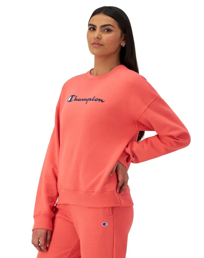 Powerblend Crewneck Sweatshirt Script Logo High Tide Coral Women Champion Hoodies and Sweatshirts