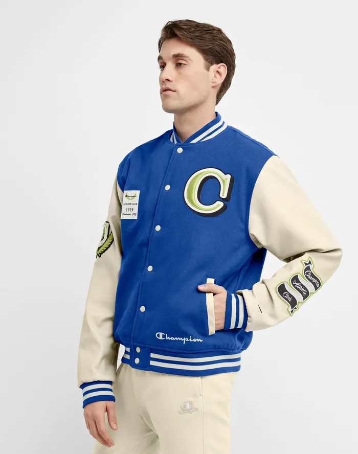 Premium Letterman Jacket Big C Logo Royal Blue Blastfresh Tan Men Champion Jackets