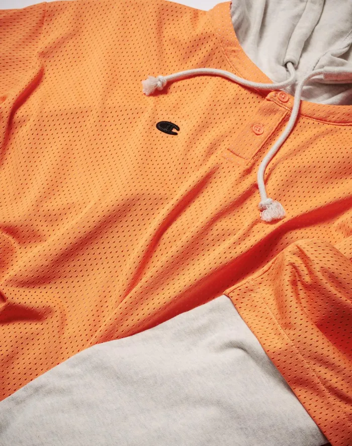 Premium Weave Layered Mesh Hoodie C Logo Oatmeal Heatherpop Orange Men Champion Hoodies and Sweatshirts