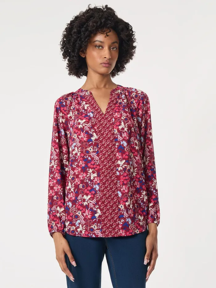 Printed Long Sleeve Raglan Blouse Crepe De Chine Women Jones New York Tops and Blouses