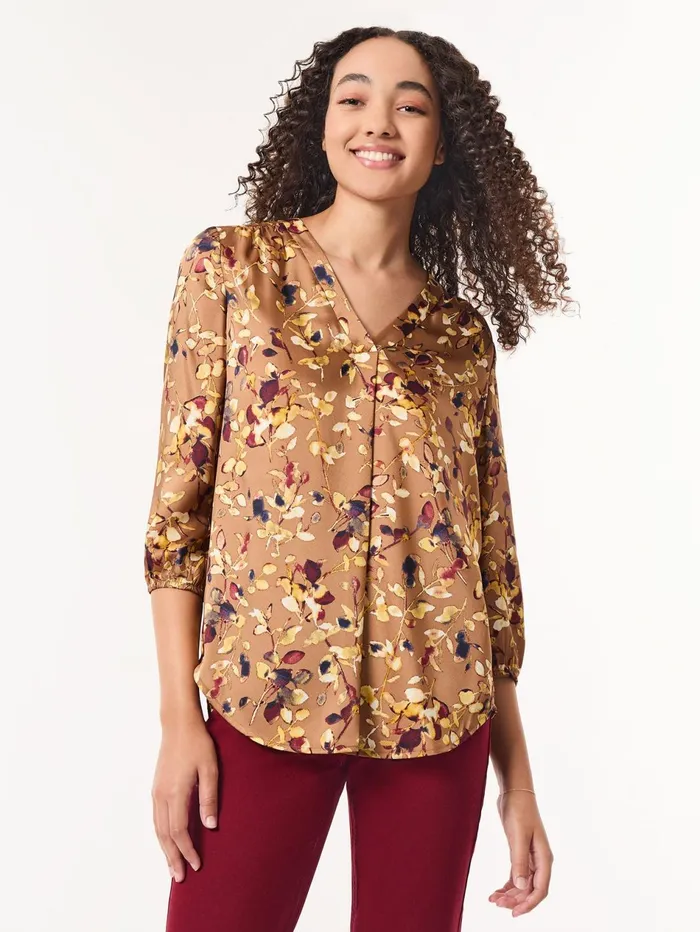 Printed VNeck Pleated Kelly Blouse Women Jones New York Sale
