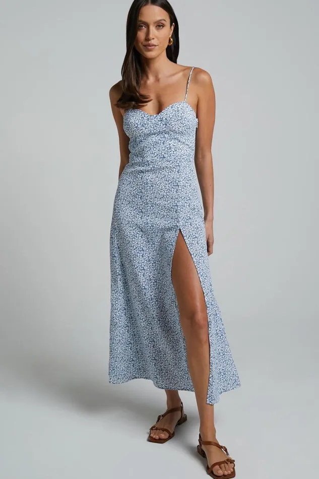 Prudence Midi Dress 8211 Sweetheart Thigh Split Dress In Blue Floral Women Showpo Curve Clothes Prudence Midi Dress 8211 Sweetheart Thigh Split Dress In Blue Floral Women Showpo Curve Clothes