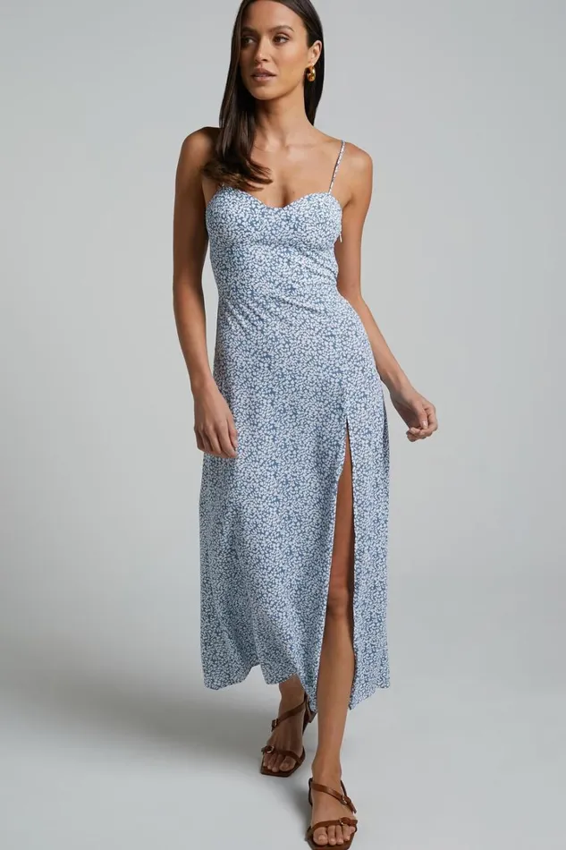 Prudence Midi Dress 8211 Sweetheart Thigh Split Dress In Blue Floral Women Showpo Curve Clothes