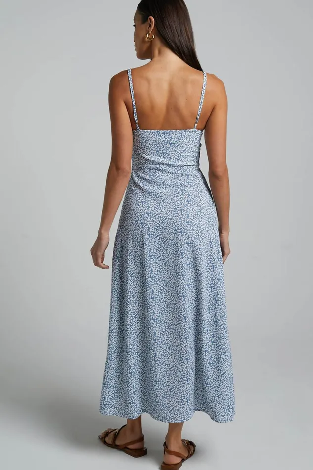 Prudence Midi Dress 8211 Sweetheart Thigh Split Dress In Blue Floral Women Showpo Curve Clothes