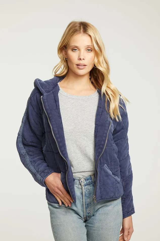 Quilted Heirloom Wovens Long Sleeve Batwing Hooded Zip Up Jacket Outerwear Chaser Brand Womens