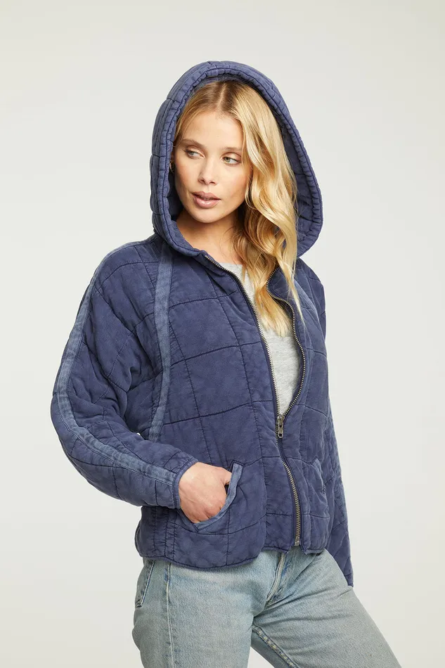 Quilted Heirloom Wovens Long Sleeve Batwing Hooded Zip Up Jacket Outerwear Chaser Brand Womens