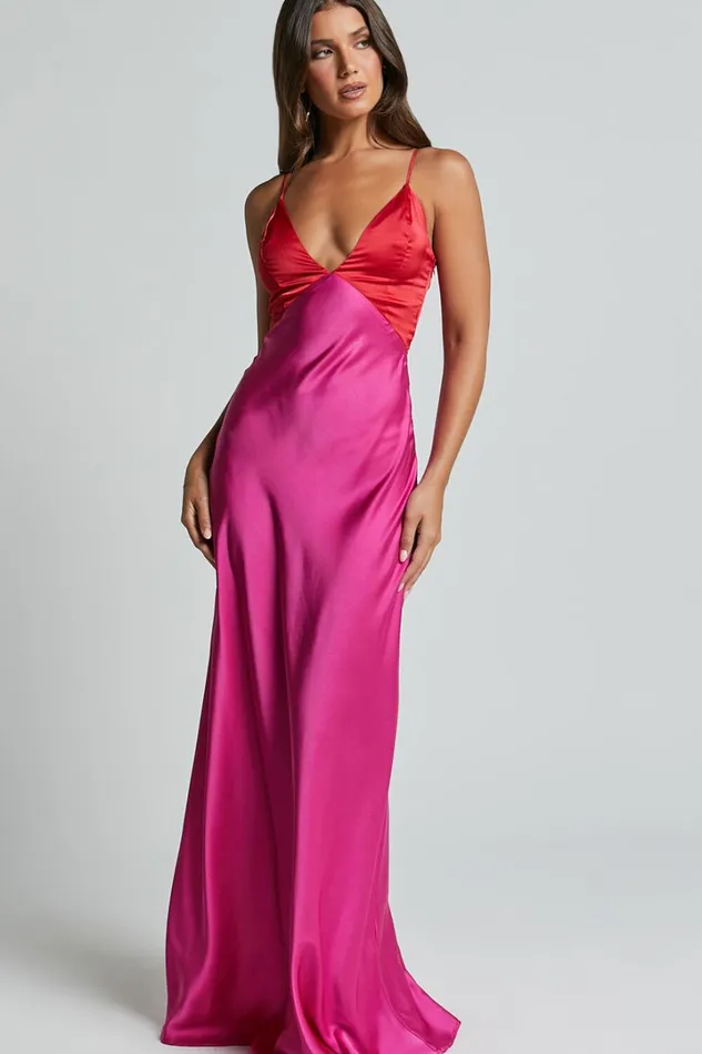 Quincy Maxi Dress 8211 Contrast Panel Satin Slip Dress In PinkRed Women Showpo Curve Clothes Quincy Maxi Dress 8211 Contrast Panel Satin Slip Dress In PinkRed Women Showpo Curve Clothes