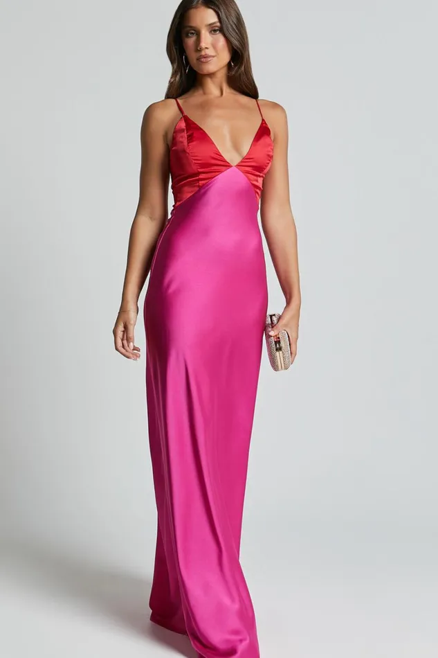 Quincy Maxi Dress 8211 Contrast Panel Satin Slip Dress In PinkRed Women Showpo Curve Clothes