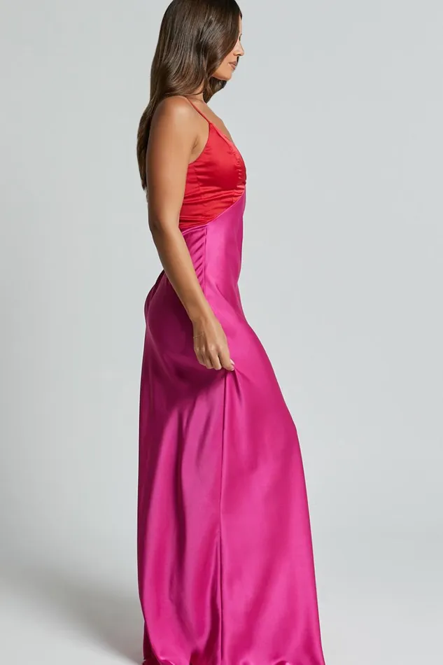 Quincy Maxi Dress 8211 Contrast Panel Satin Slip Dress In PinkRed Women Showpo Curve Clothes