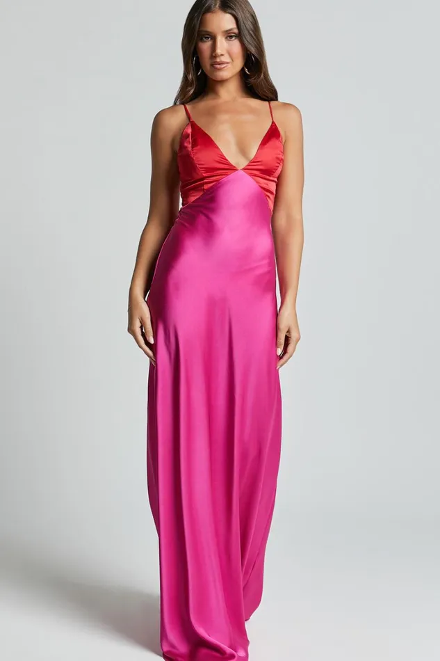 Quincy Maxi Dress 8211 Contrast Panel Satin Slip Dress In PinkRed Women Showpo Curve Clothes