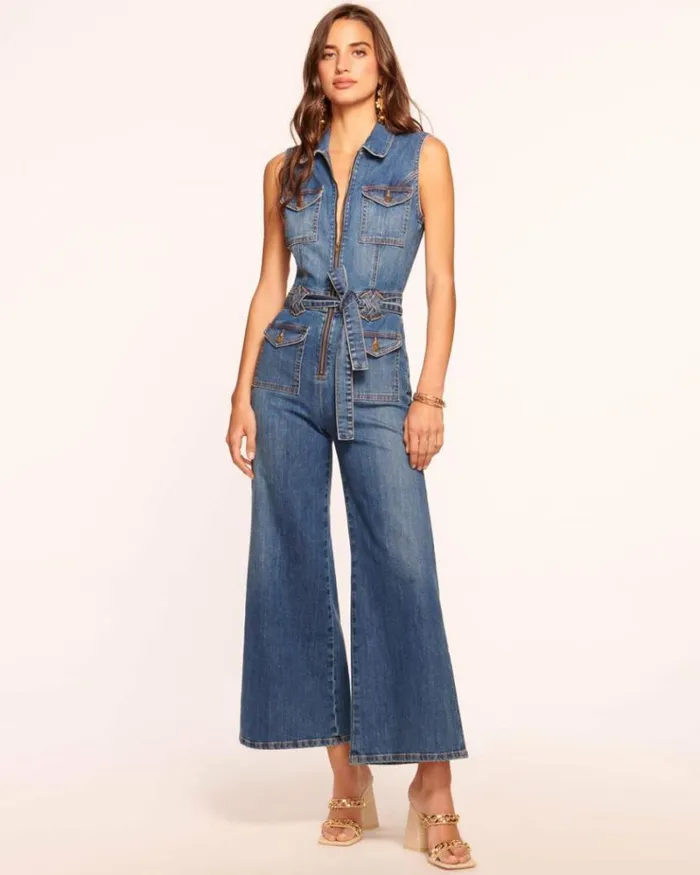 Ramy Brook Dresses Women Bell Cropped Denim Jumpsuit Medium Wash