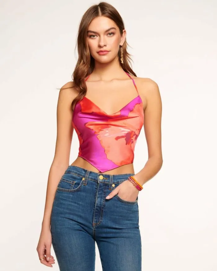 Ramy Brook Tops Women Karo Cowl Neck Halter Top Rose Watercolor