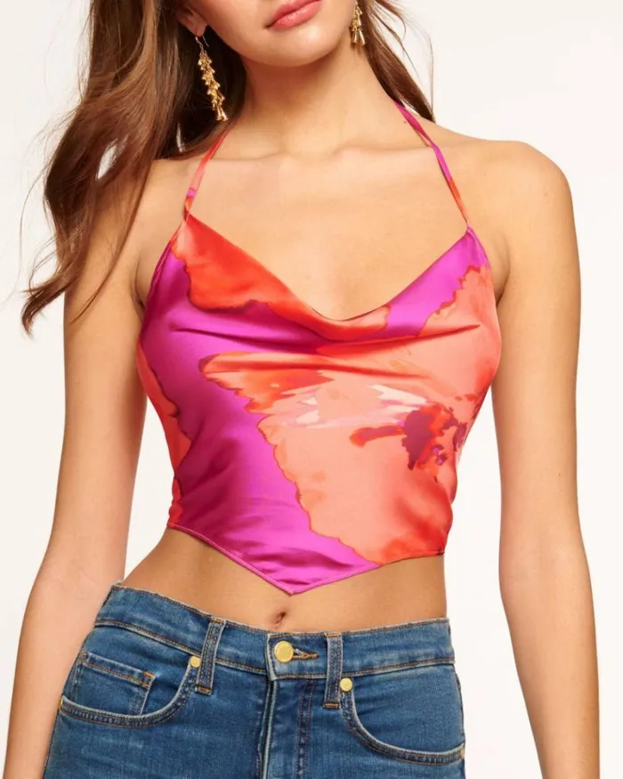 Ramy Brook Tops Women Karo Cowl Neck Halter Top Rose Watercolor