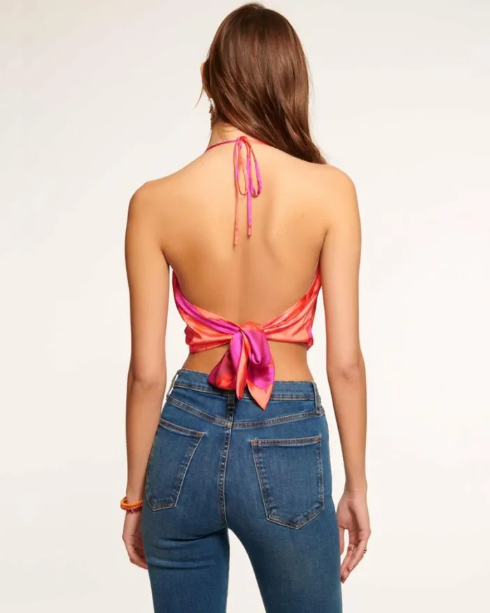 Ramy Brook Tops Women Karo Cowl Neck Halter Top Rose Watercolor