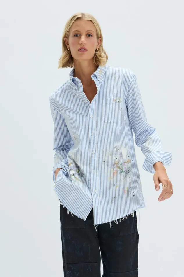 Raquel Allegra Blue Stripe Painter Shirt Women Dresses