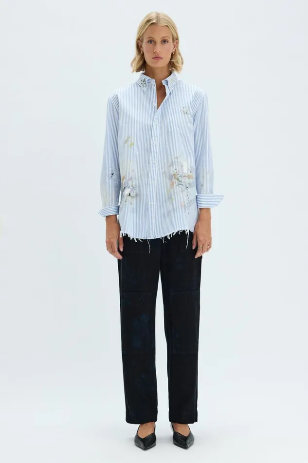 Raquel Allegra Blue Stripe Painter Shirt Women Dresses